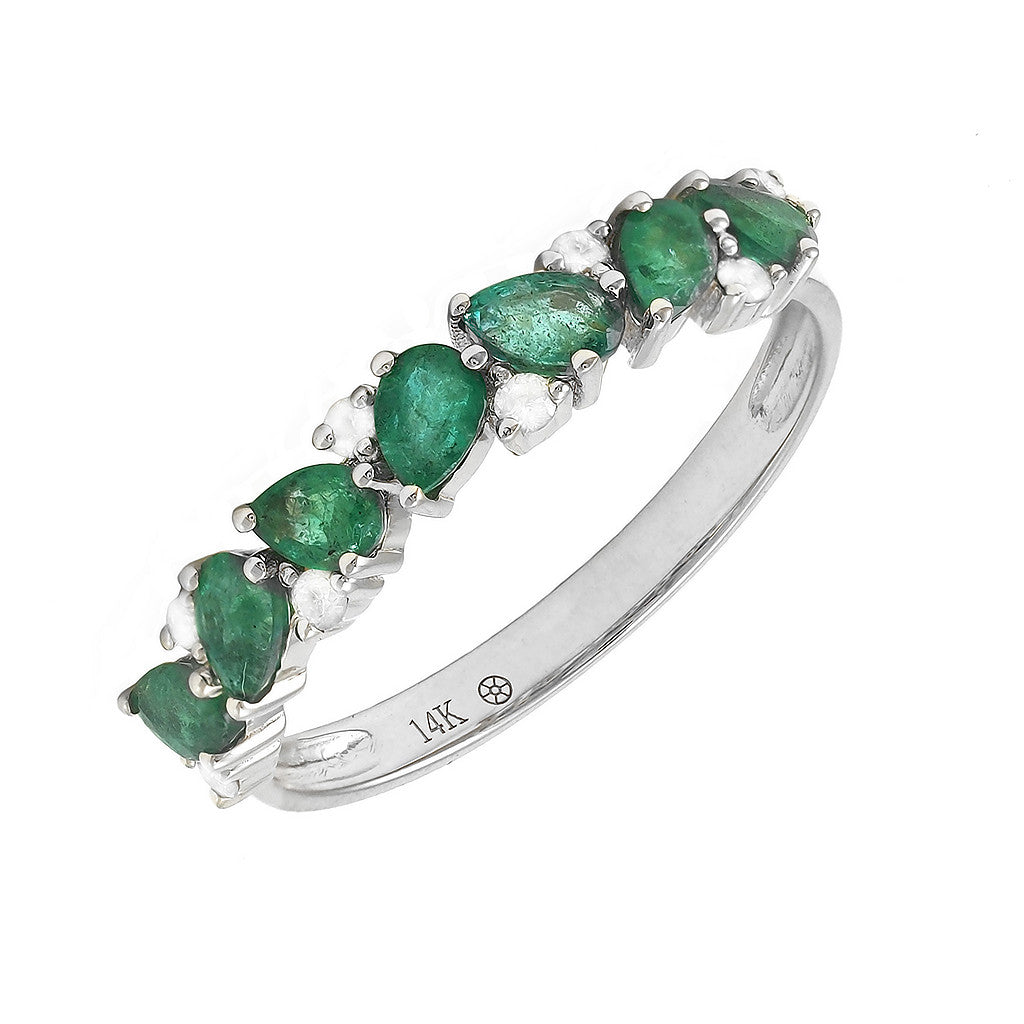 Anillo Banda Esmeraldas Naturales y Diamantes Corte Pera en Oro Blanco 14k