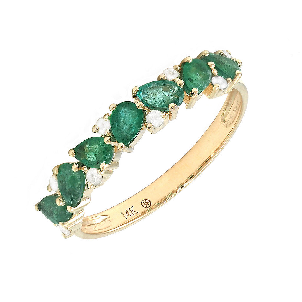 Anillo Banda Esmeraldas Naturales y Diamantes Corte Pera en Oro Amarillo 14k