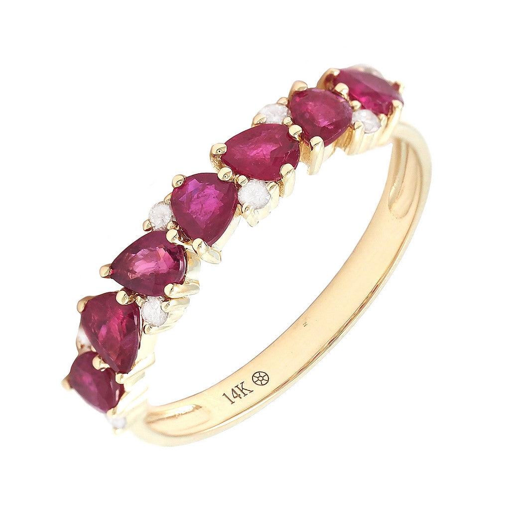 Anillo Banda Rubíes Naturales y Diamantes Corte Pera en Oro Amarillo 14k