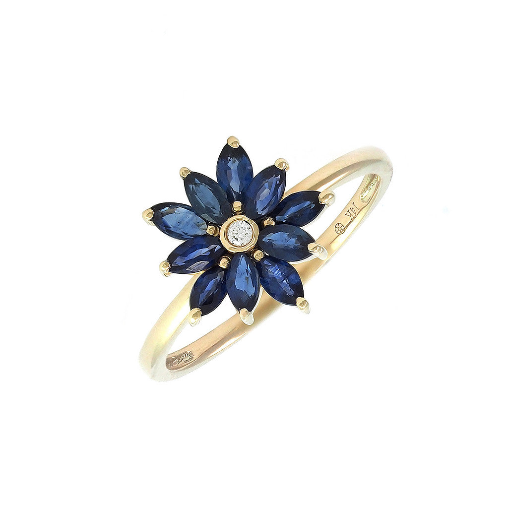 Anillo Flor con Zafiro en Oro Amarillo 14k