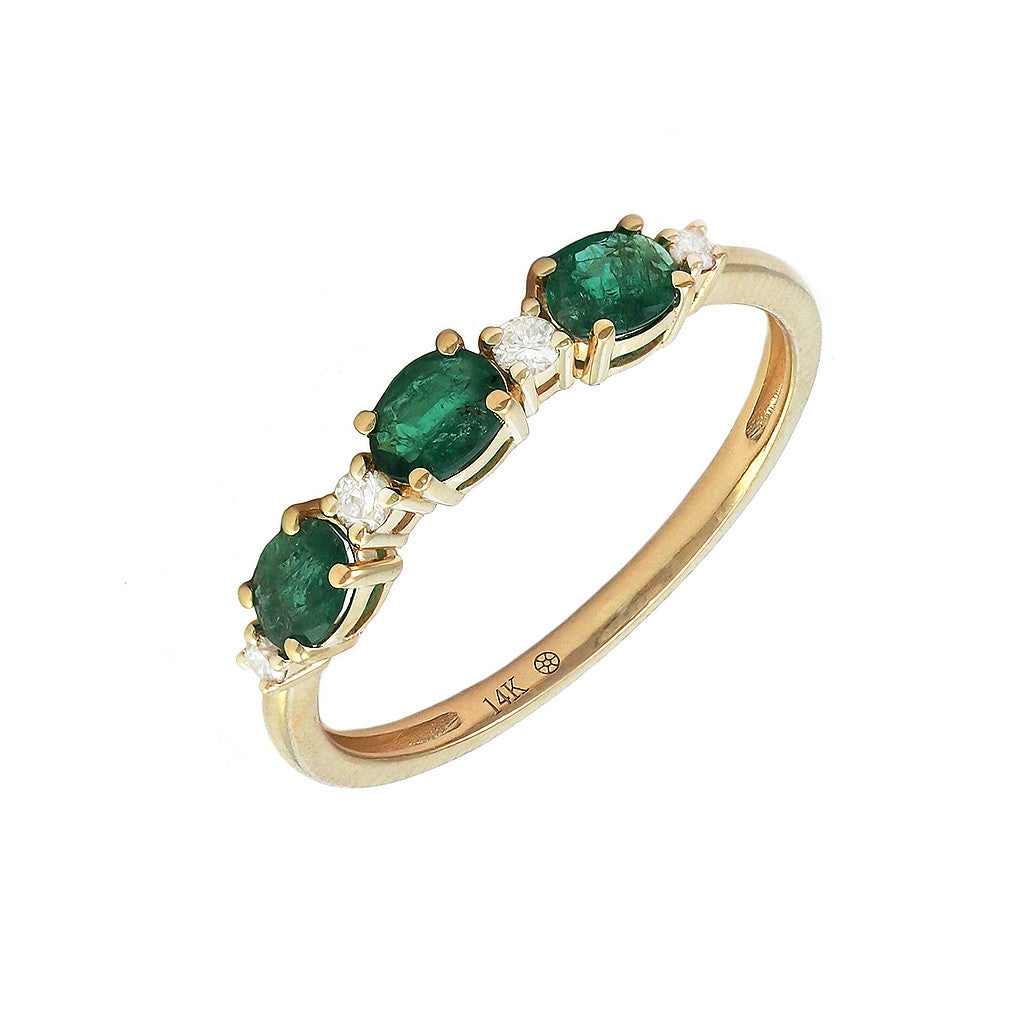 Anillo Banda Ovalada con Esmeralda y Diamantes en Oro Amarillo 14k