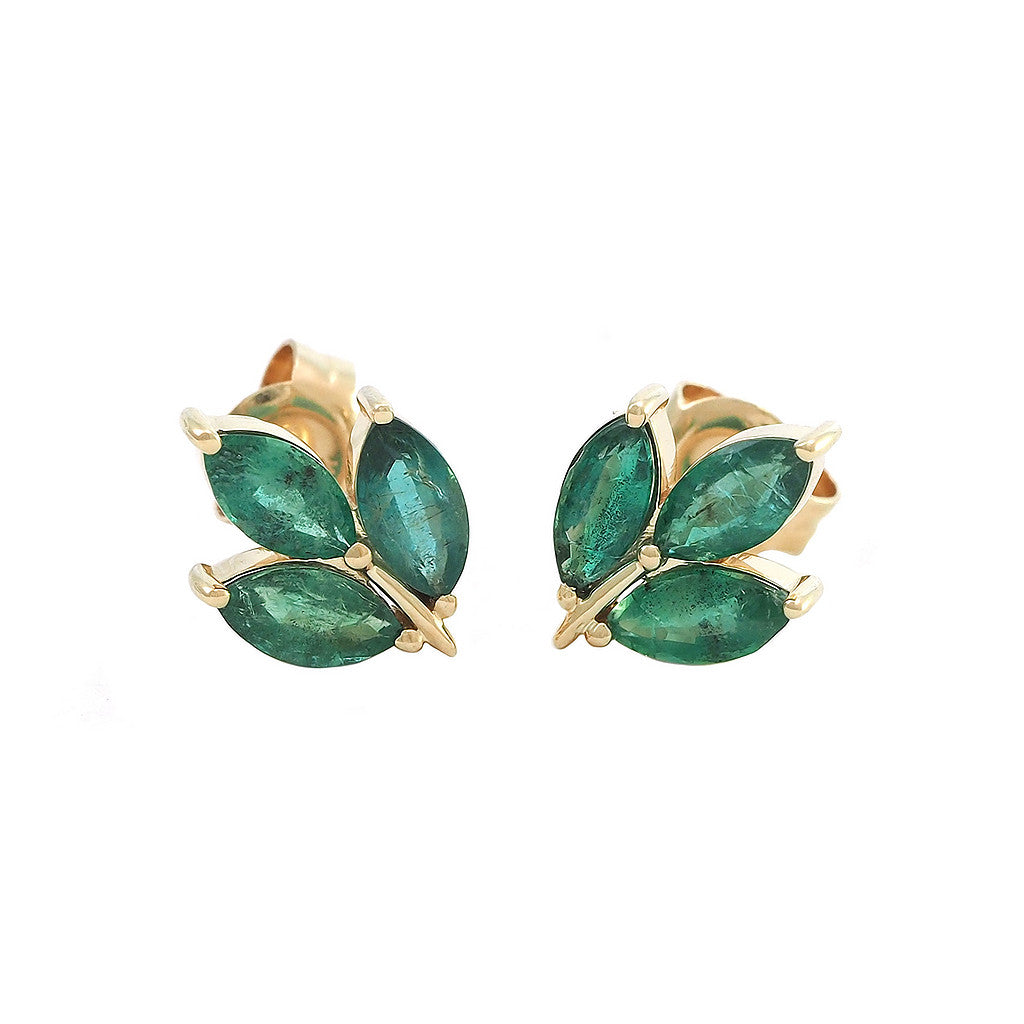 Aretes Trío de Esmeraldas Corte Marquesa en Oro Amarillo 14k