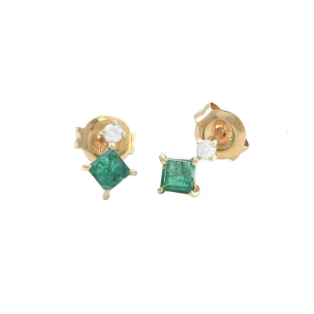 Aretes Esmeralda Corte Cuadrado con Diamantes en Oro Amarillo 14k
