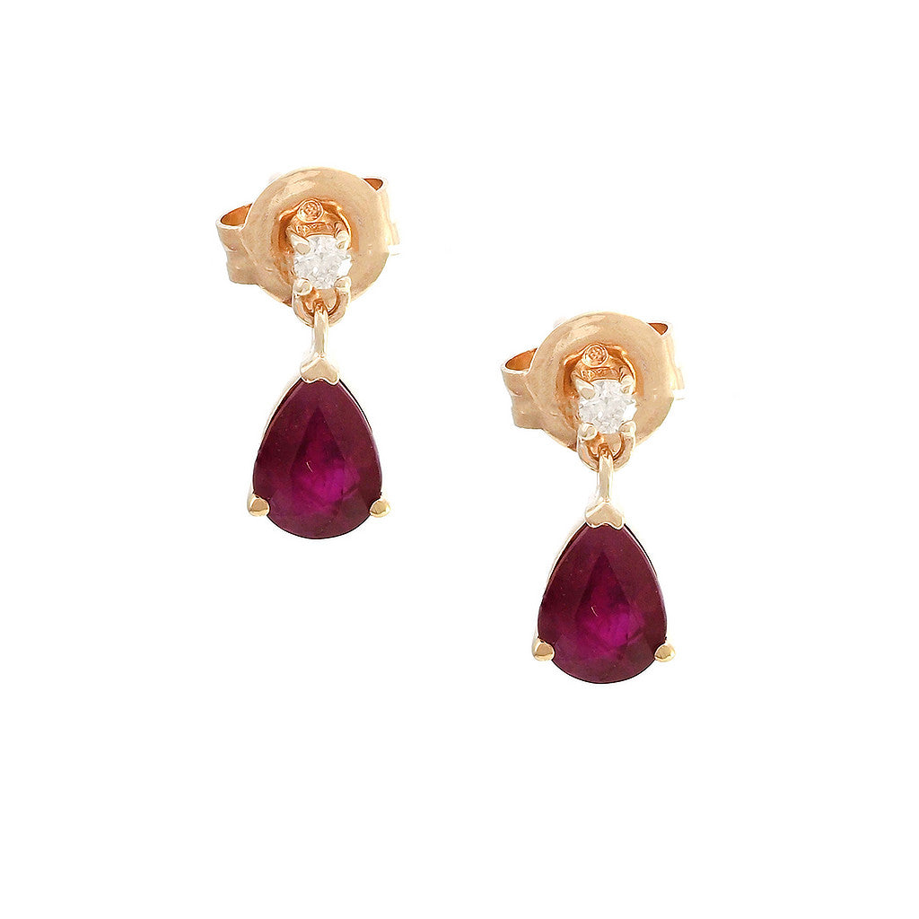 Aretes Colgantes de Rubí con Diamante en Oro Amarillo 14k