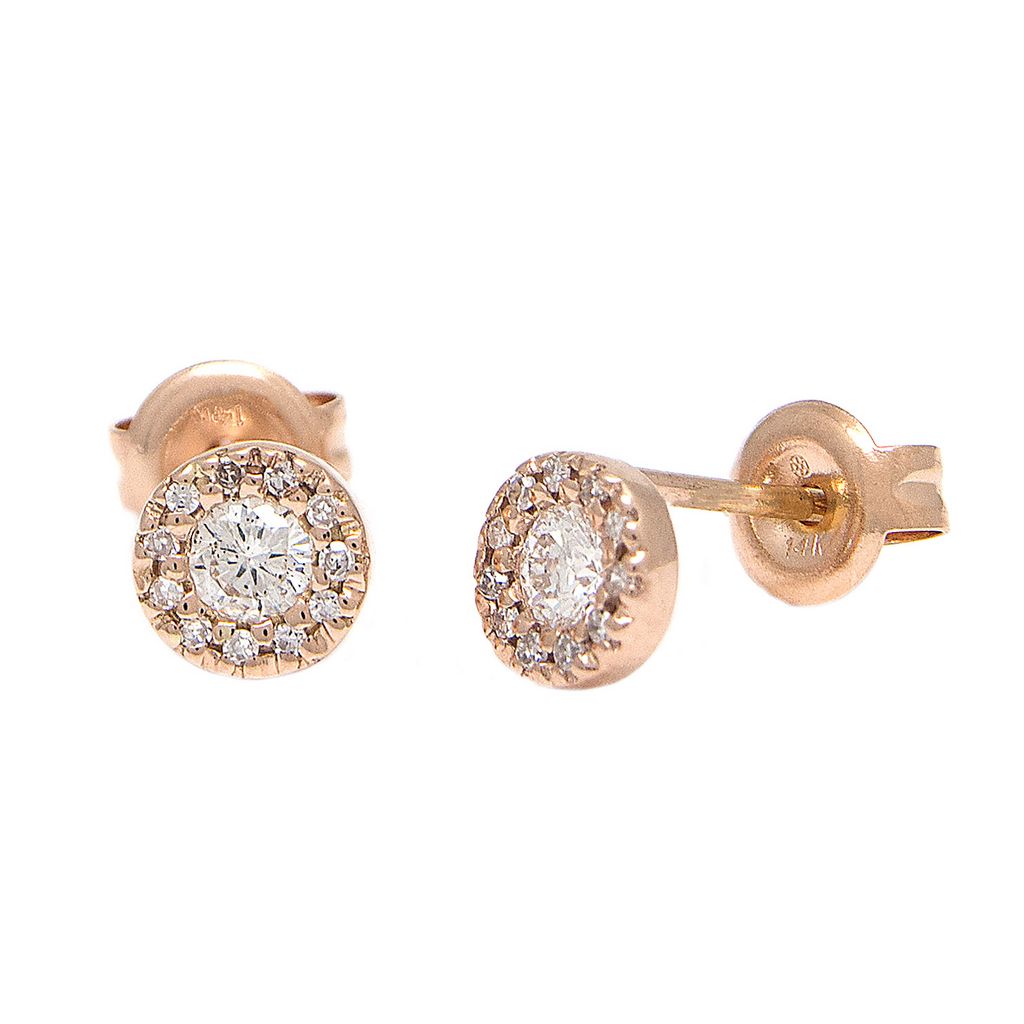 Aretes Halo con Piedra Central y Diamantes en Oro 14k — Diamante Oro Rosa
