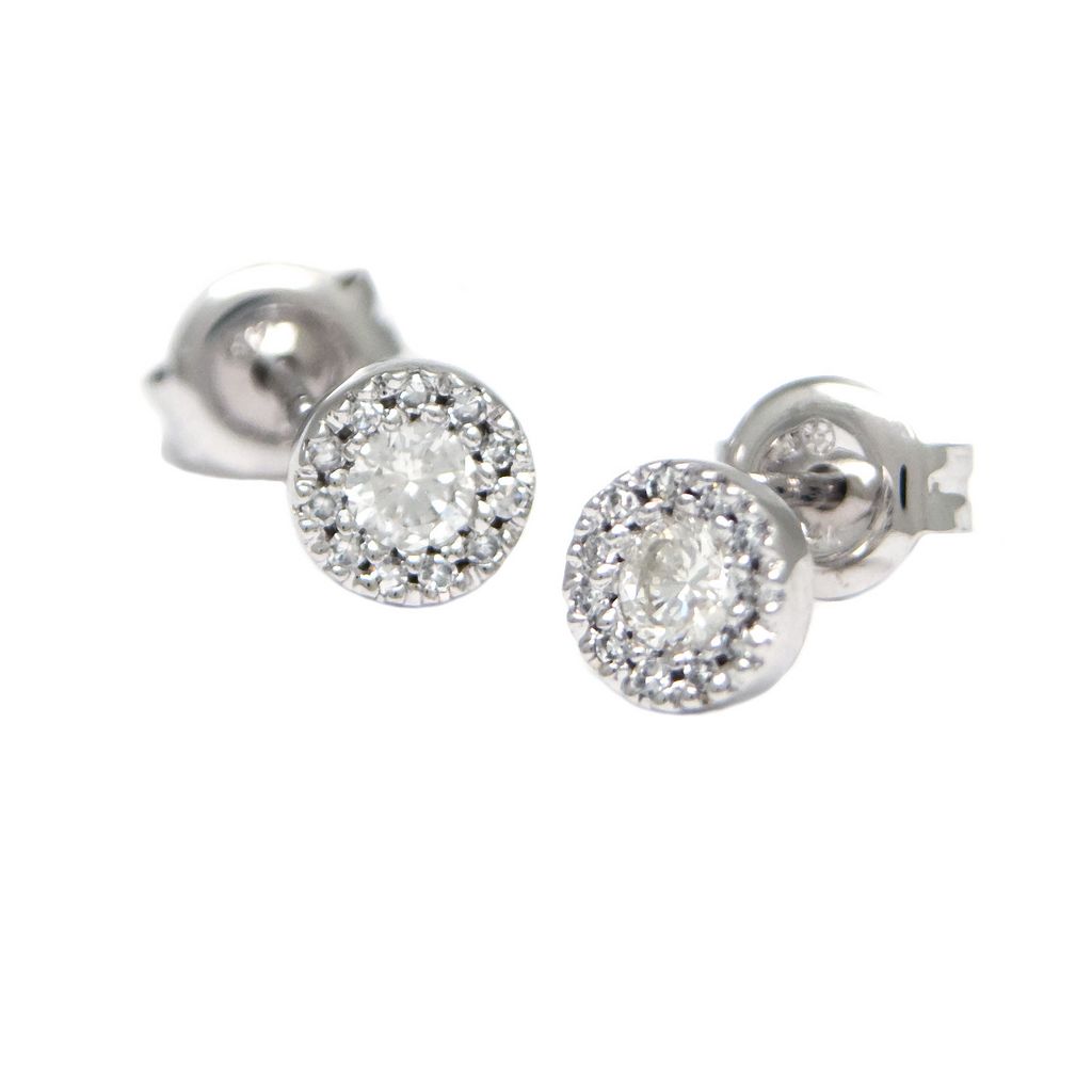 Aretes Halo con Piedra Central y Diamantes en Oro 14k — Diamante Oro Blanco