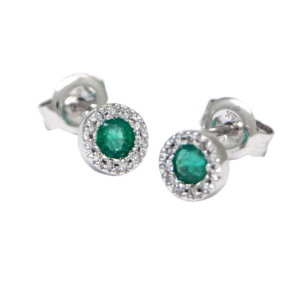 Aretes Halo con Piedra Central y Diamantes en Oro 14k — Esmeralda Oro Blanco
