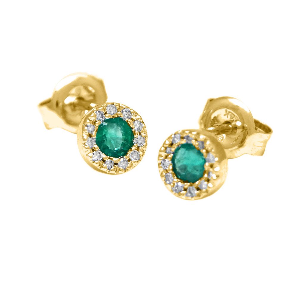 Aretes Halo con Piedra Central y Diamantes en Oro 14k — Esmeralda Oro Amarillo