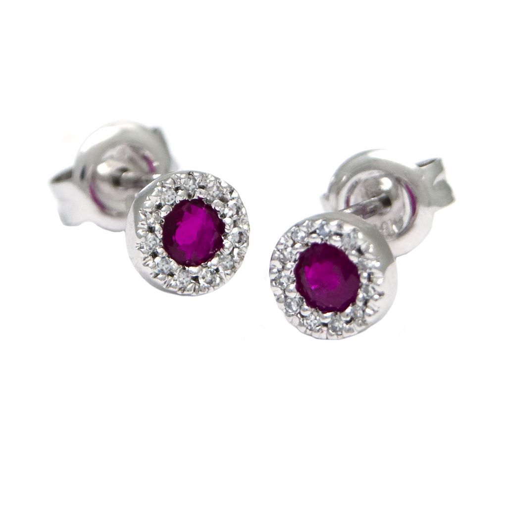 Aretes Halo con Piedra Central y Diamantes en Oro 14k — Rubí Oro Blanco