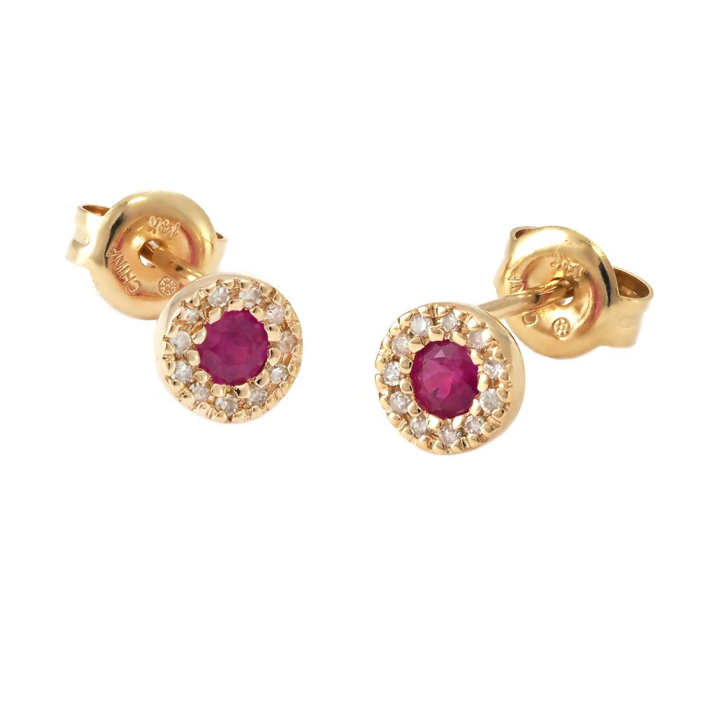 Aretes Halo con Piedra Central y Diamantes en Oro 14k — Rubí Oro Amarillo