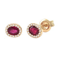 Aretes Halo Oval con Rubí Natural y Diamantes en Oro Amarillo 14k