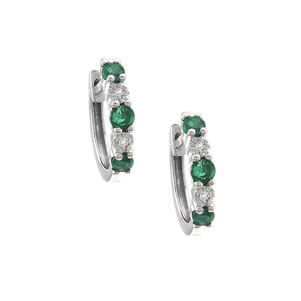 Aretes Huggie con Piedra de Color y Diamantes en Oro 14k — Esmeralda Oro Blanco