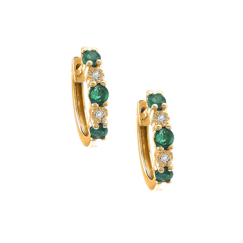 Aretes Huggie con Piedra de Color y Diamantes en Oro 14k — Esmeralda Oro Amarillo