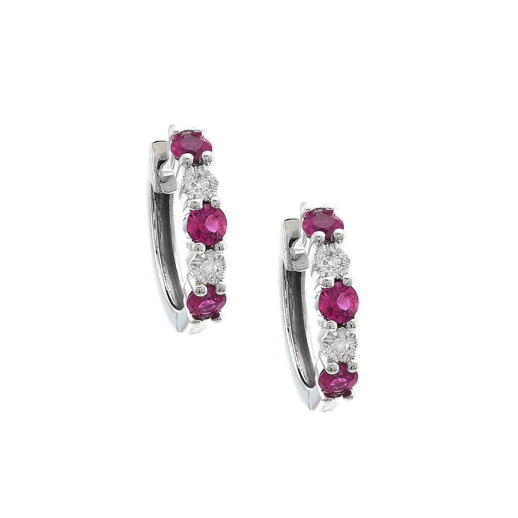 Aretes Huggie con Piedra de Color y Diamantes en Oro 14k — Rubí Oro Blanco