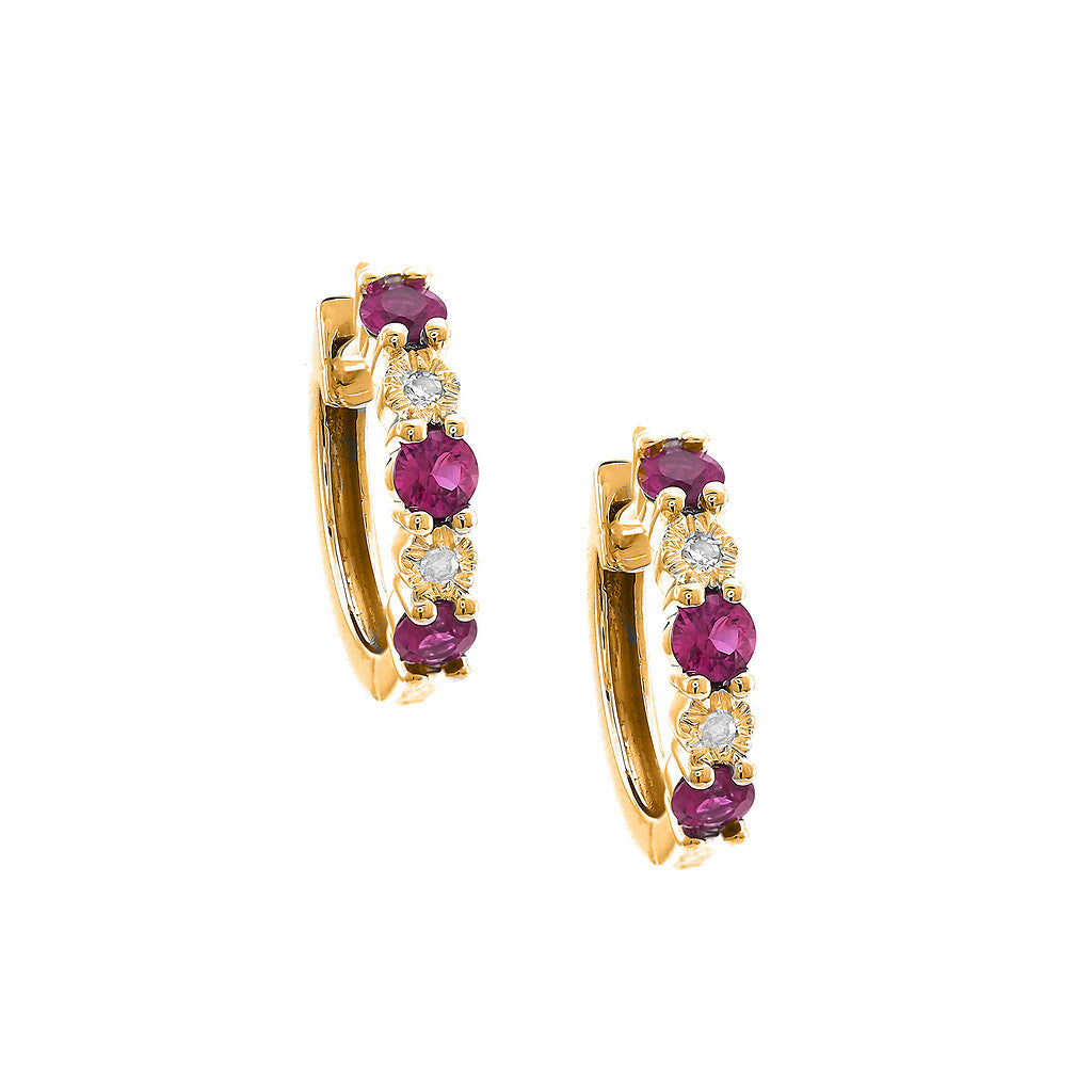 Aretes Huggie con Piedra de Color y Diamantes en Oro 14k — Rubí Oro Amarillo