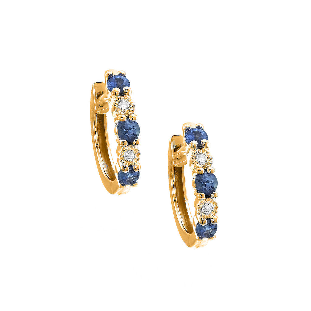 Aretes Huggie con Piedra de Color y Diamantes en Oro 14k — Zafiro Oro Amarillo