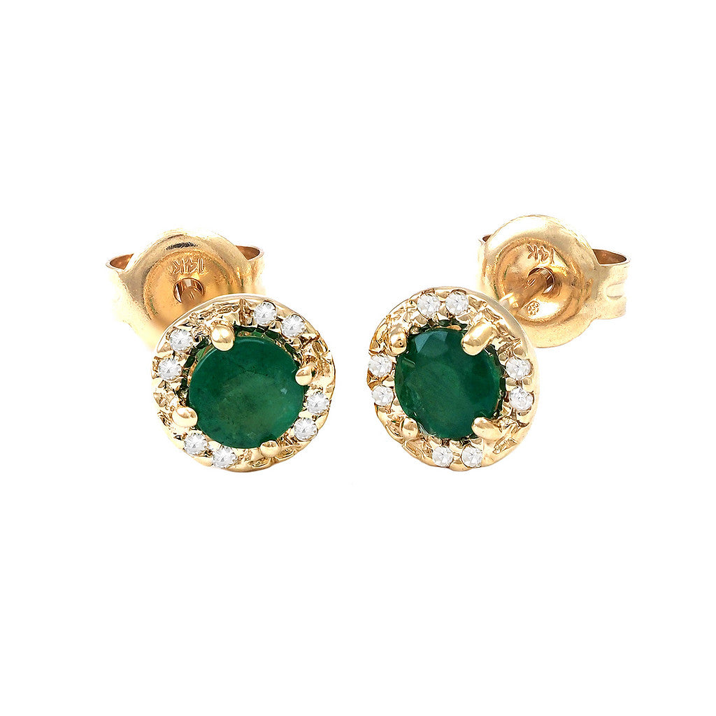Aretes Redondos con Halo de Diamantes en Oro Amarillo 14k — Esmeralda Oro Amarillo