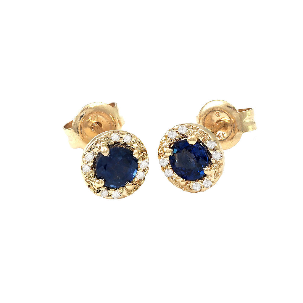 Aretes Redondos con Halo de Diamantes en Oro Amarillo 14k — Zafiro Oro Amarillo