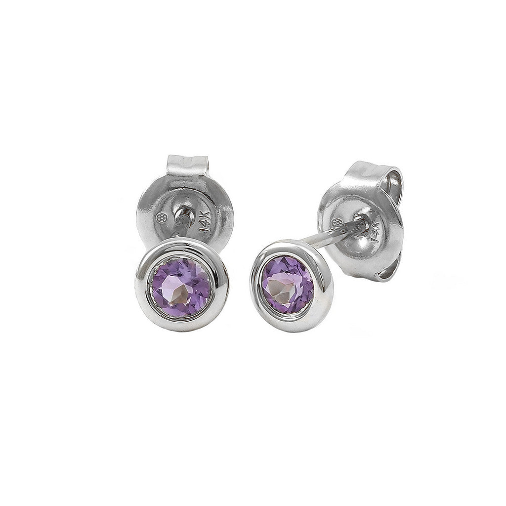 Aretes Clásicos Redondos en Oro 14k — Amatista Oro Blanco