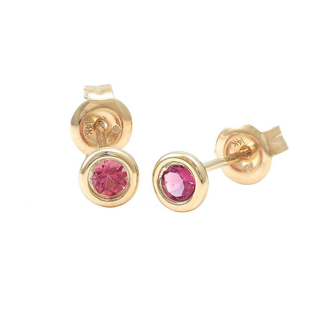 Aretes Clásicos Redondos en Oro 14k — Turmalina Rosa Oro Amarillo