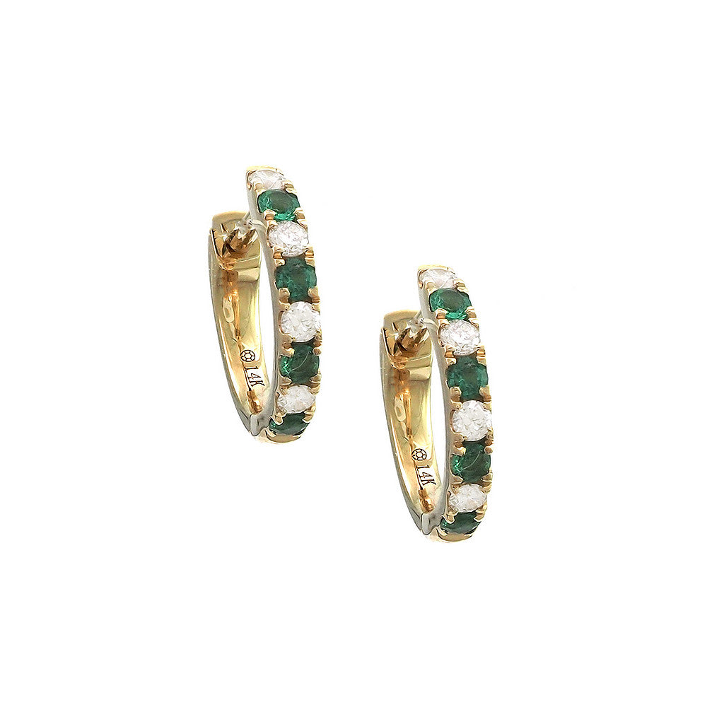 Aretes Huggie con Piedra de Color y Diamantes en Oro Amarillo 14k — Esmeralda