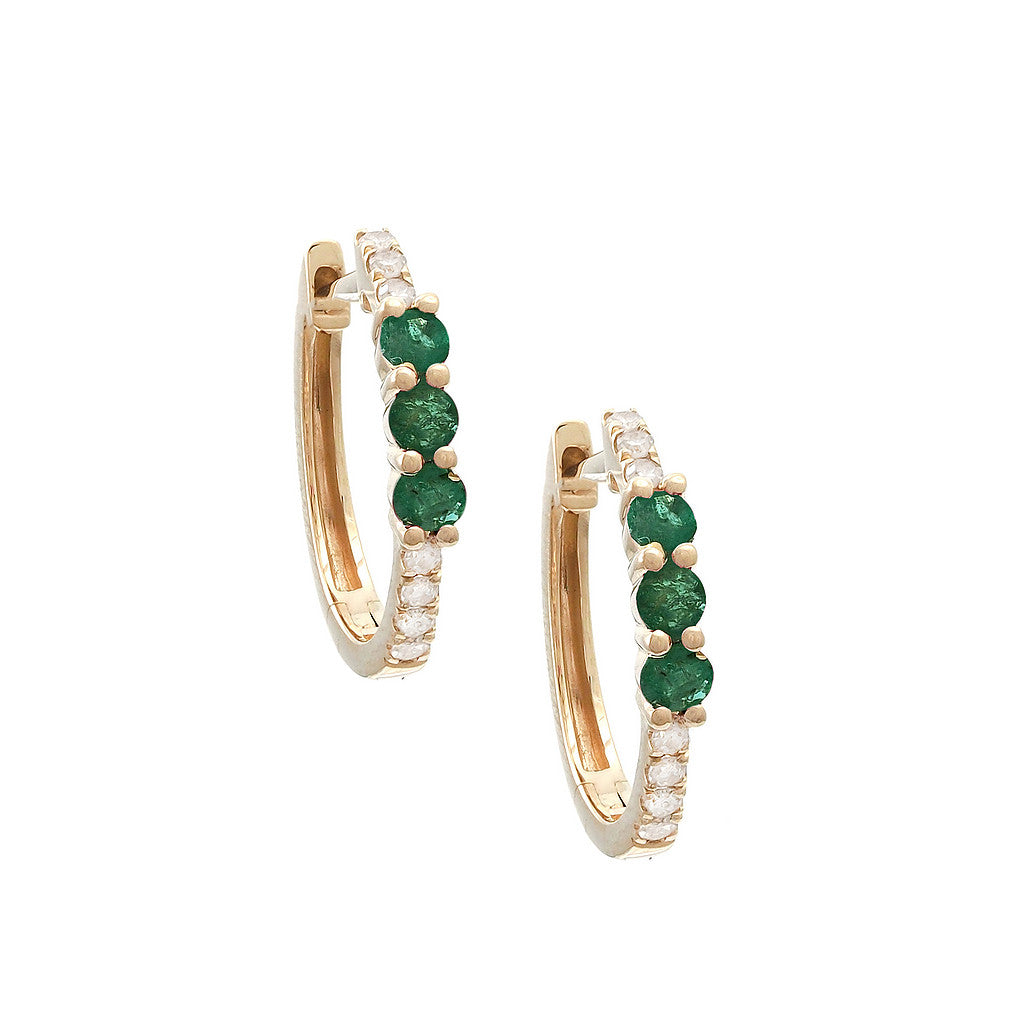 Aretes Huggie con Hilera de Piedras de Color y Diamantes en Oro Amarillo 14k — Esmeralda