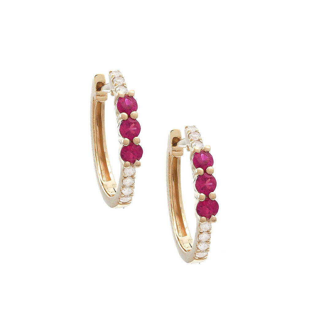 Aretes Huggie con Hilera de Piedras de Color y Diamantes en Oro Amarillo 14k — Rubí Oro Amarillo