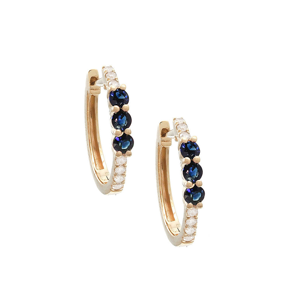 Aretes Huggie con Hilera de Piedras de Color y Diamantes en Oro Amarillo 14k — Zafiro Oro Amarillo