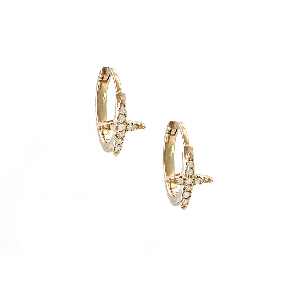 Aretes Argolla con Cruz y Diamantes en Oro Amarillo 14k
