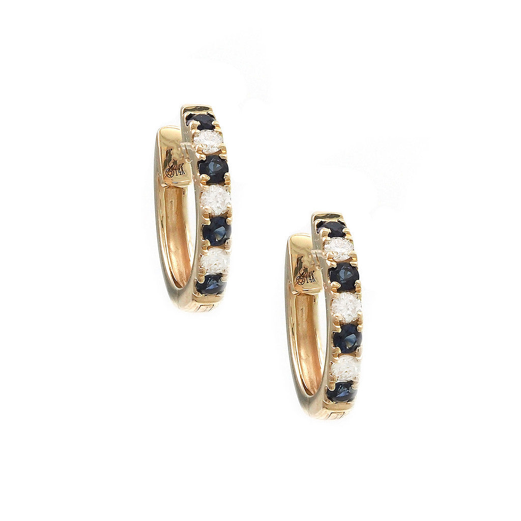 Aretes Argolla con Zafiros y Diamantes Alternados en Oro Amarillo 14k