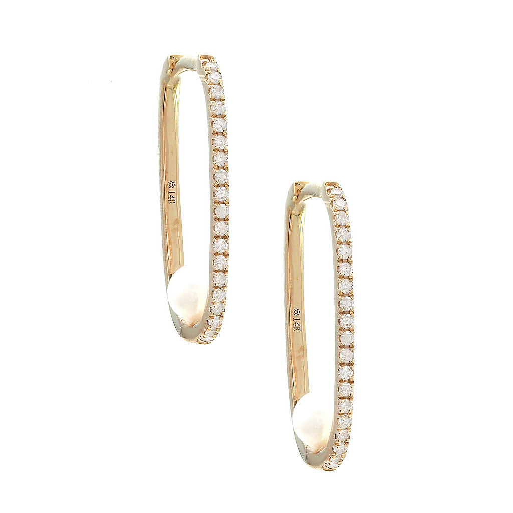 Aretes Argolla Alargada con Diamantes y Perla en Oro Amarillo 14k