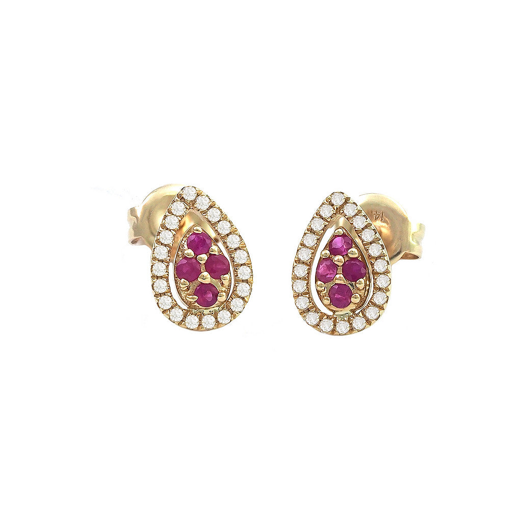 Aretes Gota con Halo de Diamantes en Oro Amarillo 14k — Rubí Oro Amarillo