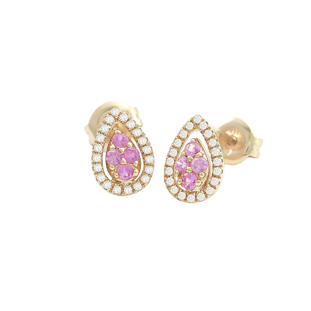 Aretes Gota con Halo de Diamantes en Oro Amarillo 14k — Zafiro Rosa Oro Amarillo