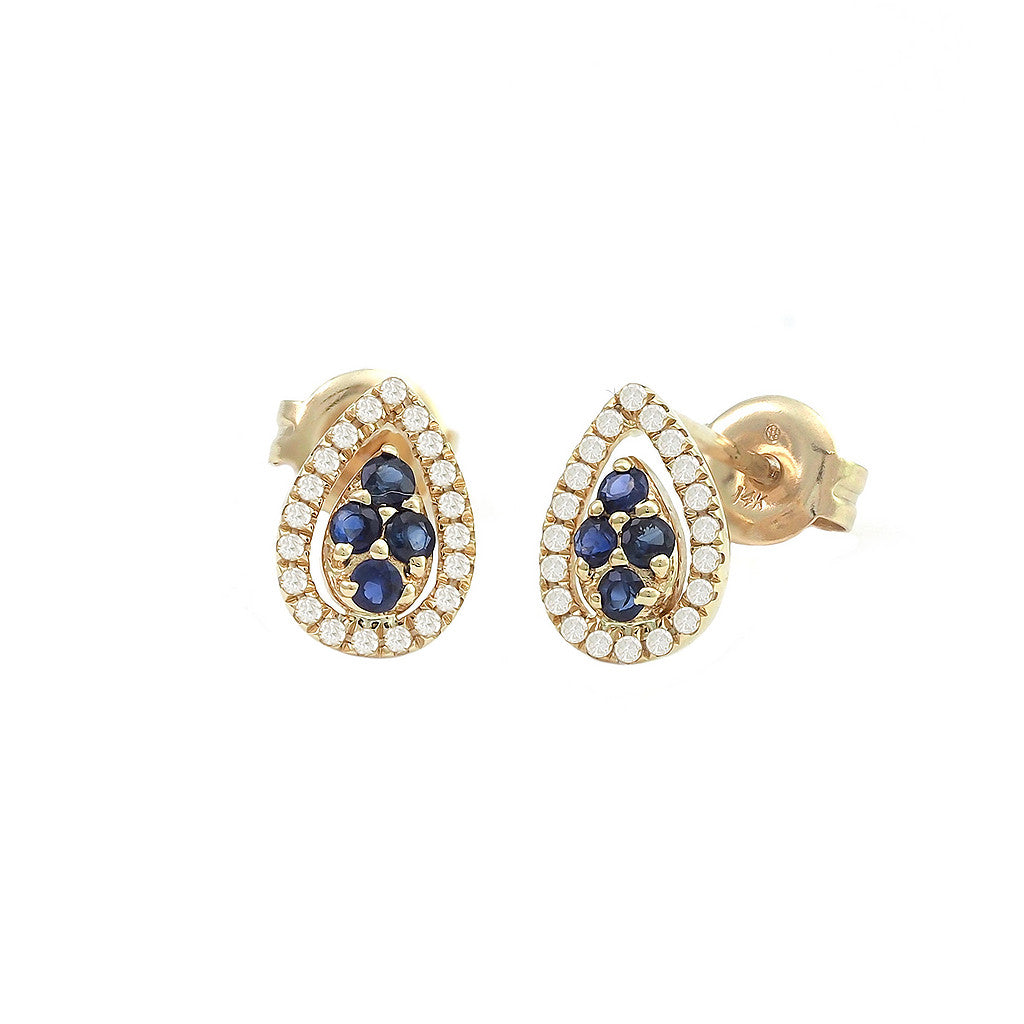 Aretes Gota con Halo de Diamantes en Oro Amarillo 14k — Zafiro Oro Amarillo
