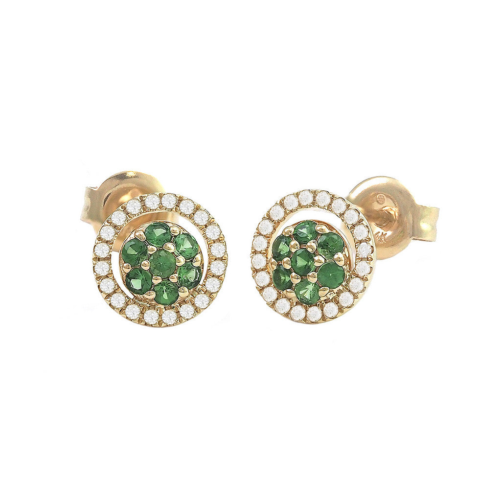 Aretes Roseta con Halo de Diamantes en Oro Amarillo 14k — Granate Verde Oro Amarillo