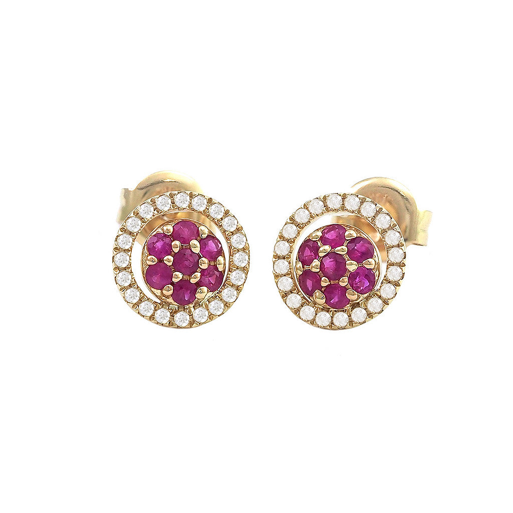 Aretes Roseta con Halo de Diamantes en Oro Amarillo 14k — Rubí Oro Amarillo