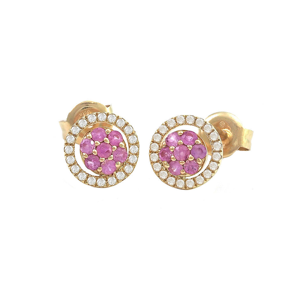 Aretes Roseta con Halo de Diamantes en Oro Amarillo 14k — Zafiro Rosa Oro Amarillo