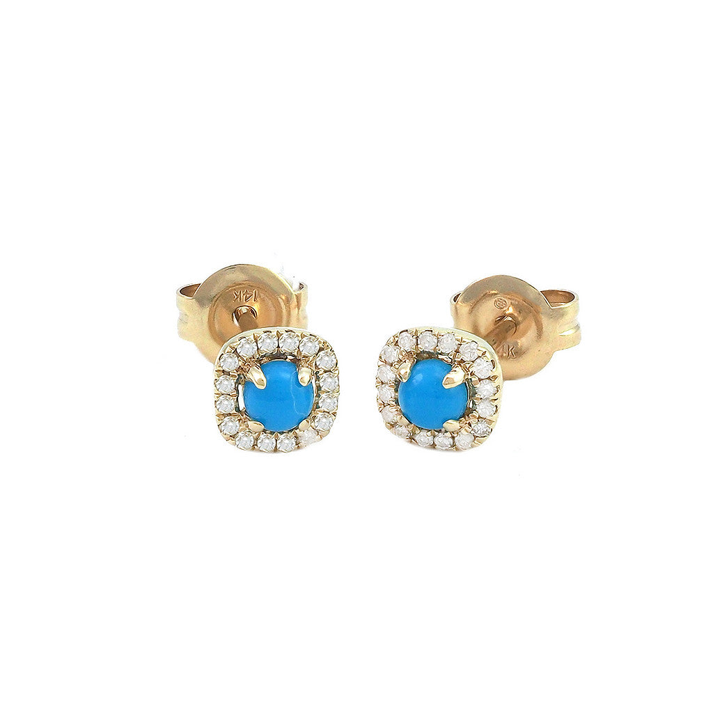 Aretes Turquesa con Halo de Diamantes en Oro Amarillo 14k