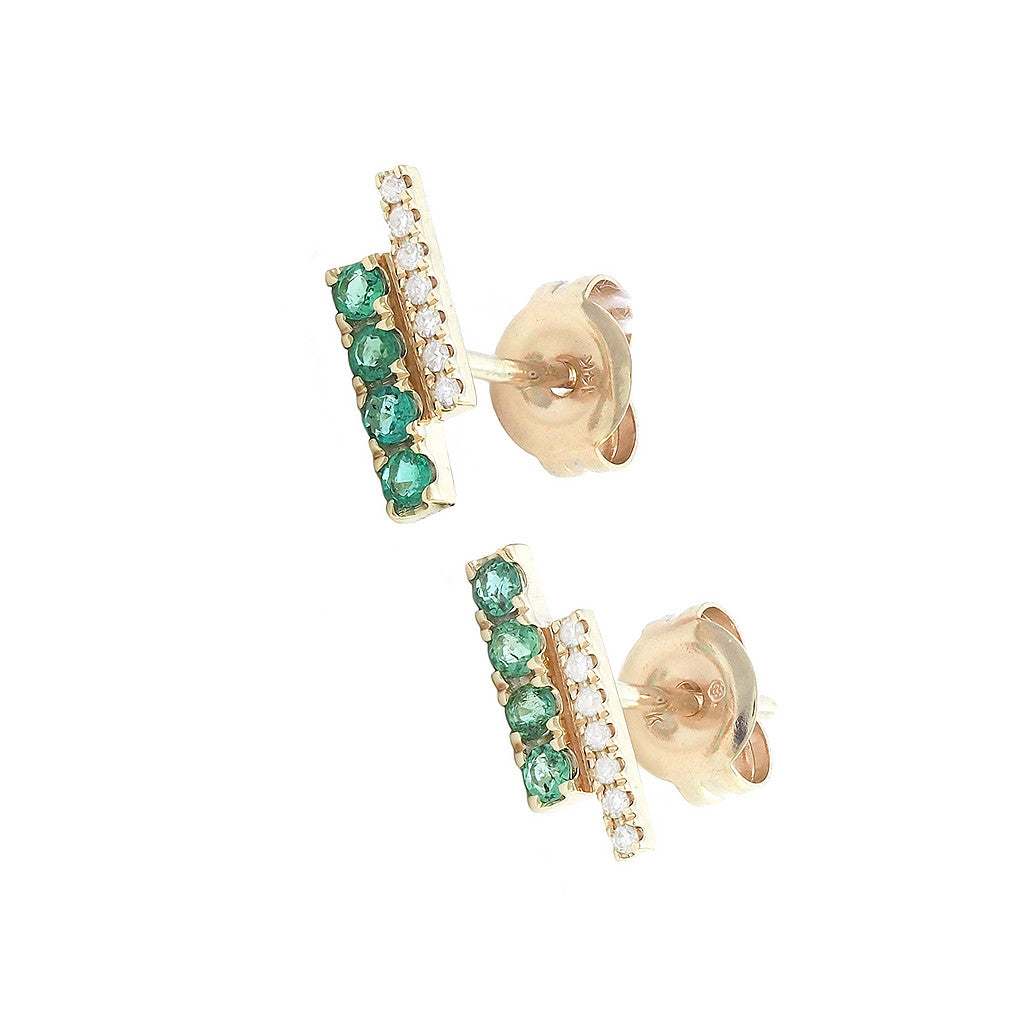 Aretes Barra con Esmeraldas y Diamantes en Oro Amarillo 14k