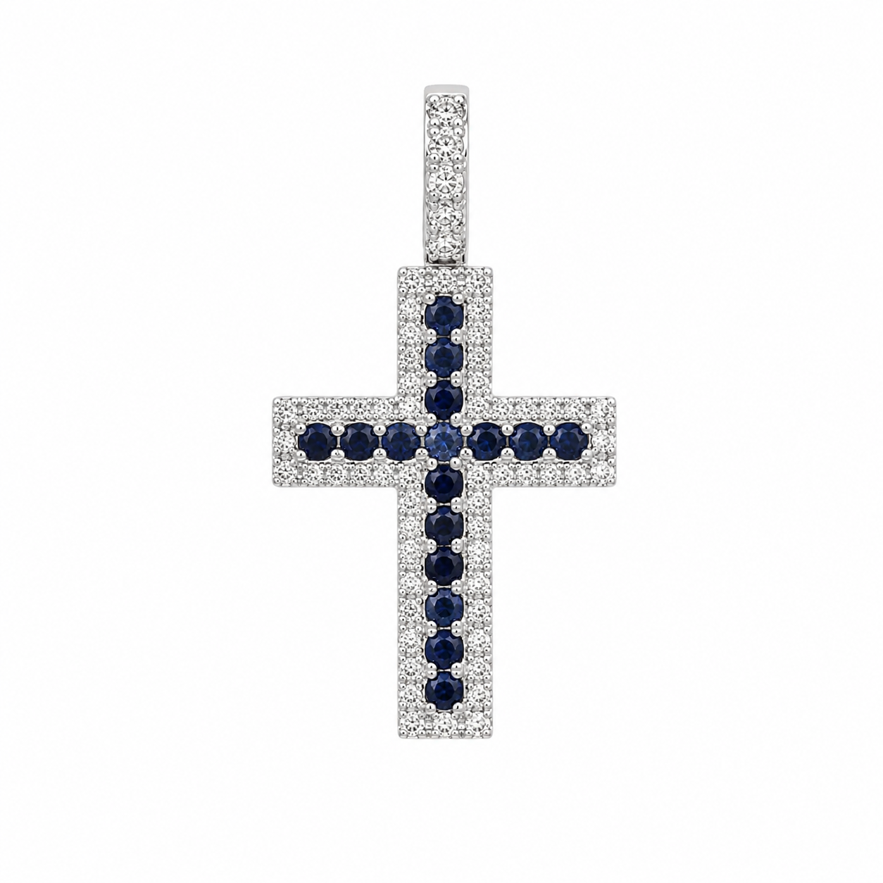 Cruz con Zafiros Naturales y Diamantes en Oro Sólido 14k