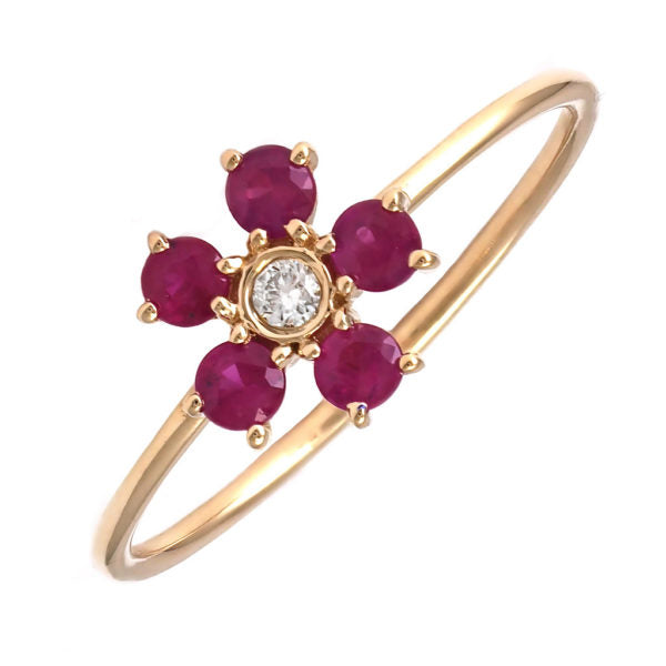 Anillo Flor con Piedra de Color en Oro Amarillo 14k