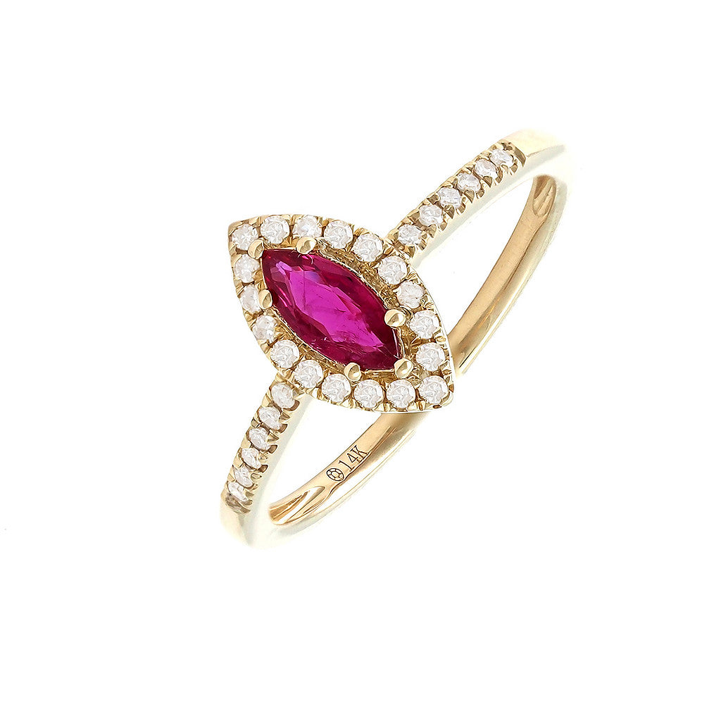 Anillo Clásico Marquesa con Piedra de Color y Diamantes en Oro 14k