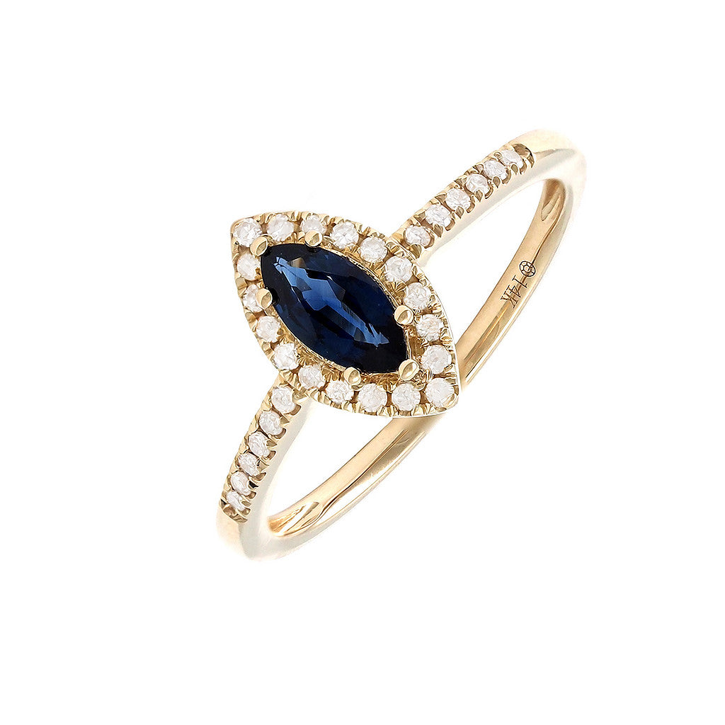 Anillo Clásico Marquesa con Piedra de Color y Diamantes en Oro 14k