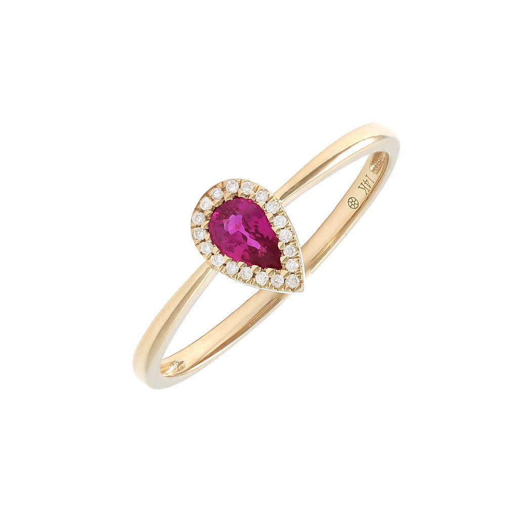 Anillo Clásico Gota con Piedra de Color y Diamantes en Oro 14k