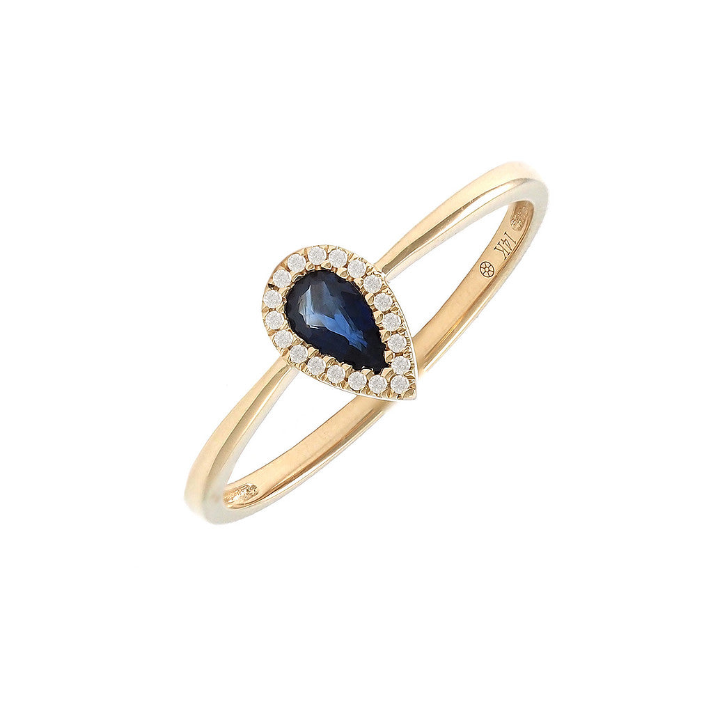 Anillo Clásico Gota con Piedra de Color y Diamantes en Oro 14k