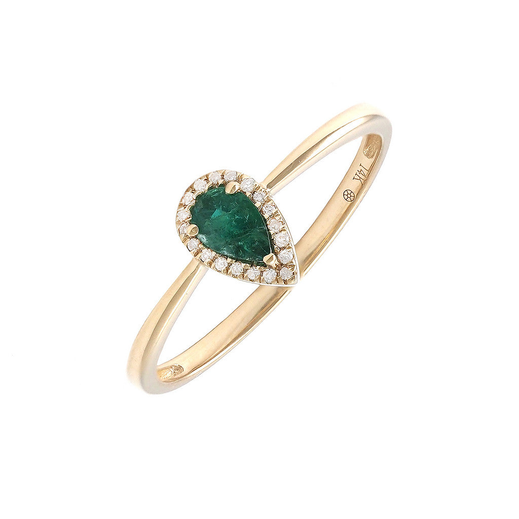 Anillo Clásico Gota con Esmeralda y Diamantes en Oro Amarillo 14k