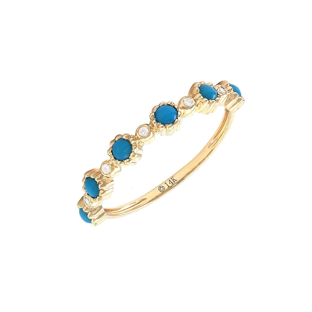 Anillo Banda con Turquesa y Diamantes en Oro Amarillo 14k