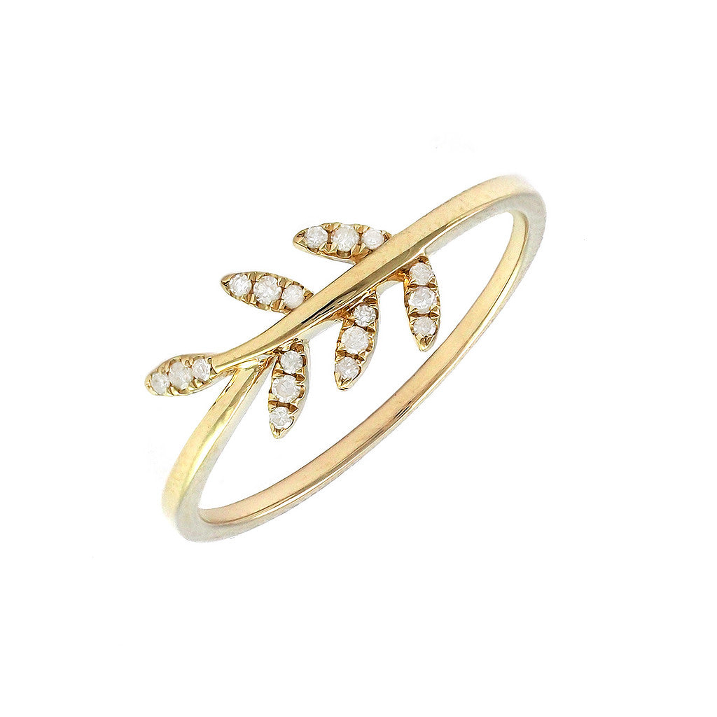 Anillo Hoja con Diamante en Oro Amarillo 14k