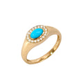 Anillo Sello con Turquesa y Halo de Diamantes en Oro Amarillo 14k