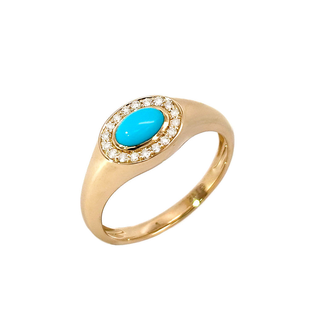 Anillo Sello con Turquesa y Halo de Diamantes en Oro Amarillo 14k